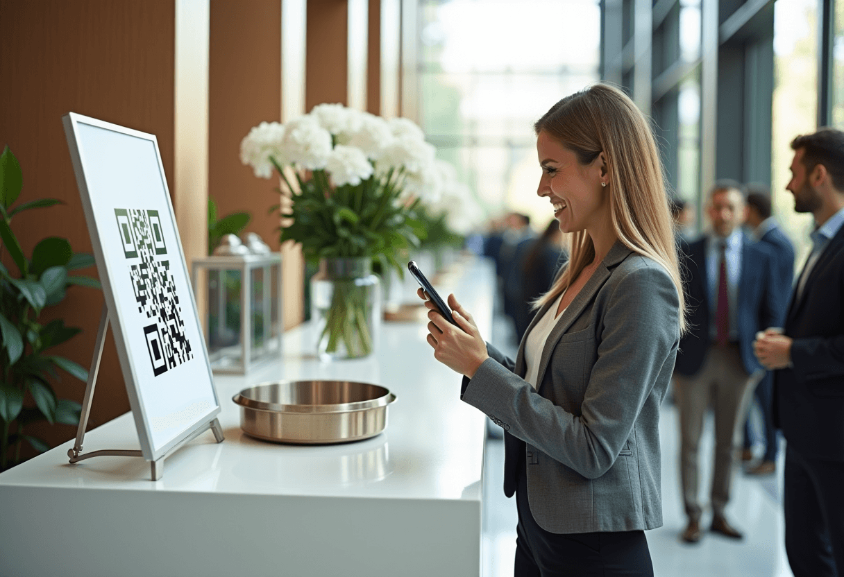 A woman in professional attire smiling and holding her phone up to a tall QR code sign on a modern check-in counter beside white flowers, attendees mingling in soft focus in a daylit lobby