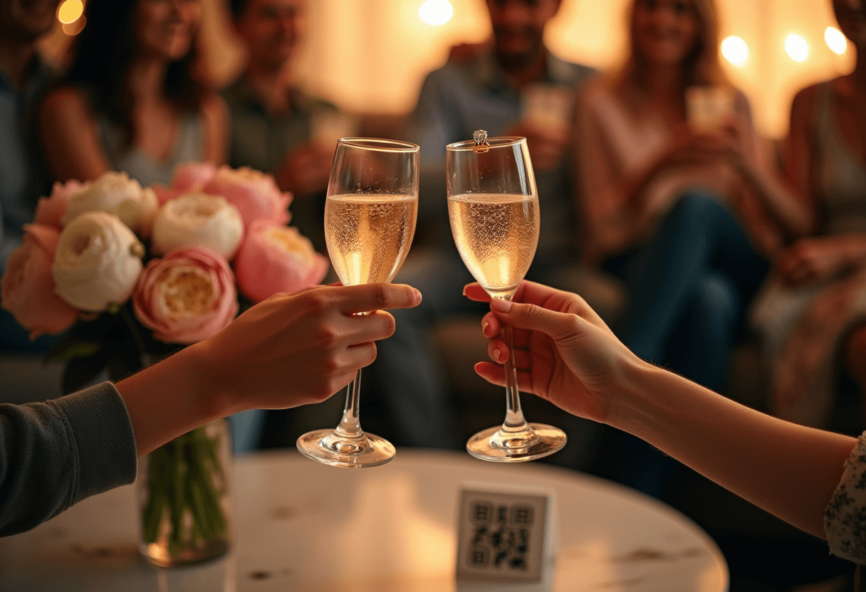 Two hands clinking champagne coupes over a marble table with peonies in a vase and a small QR code card propped beside them, candlelit friends softly toasting in the background