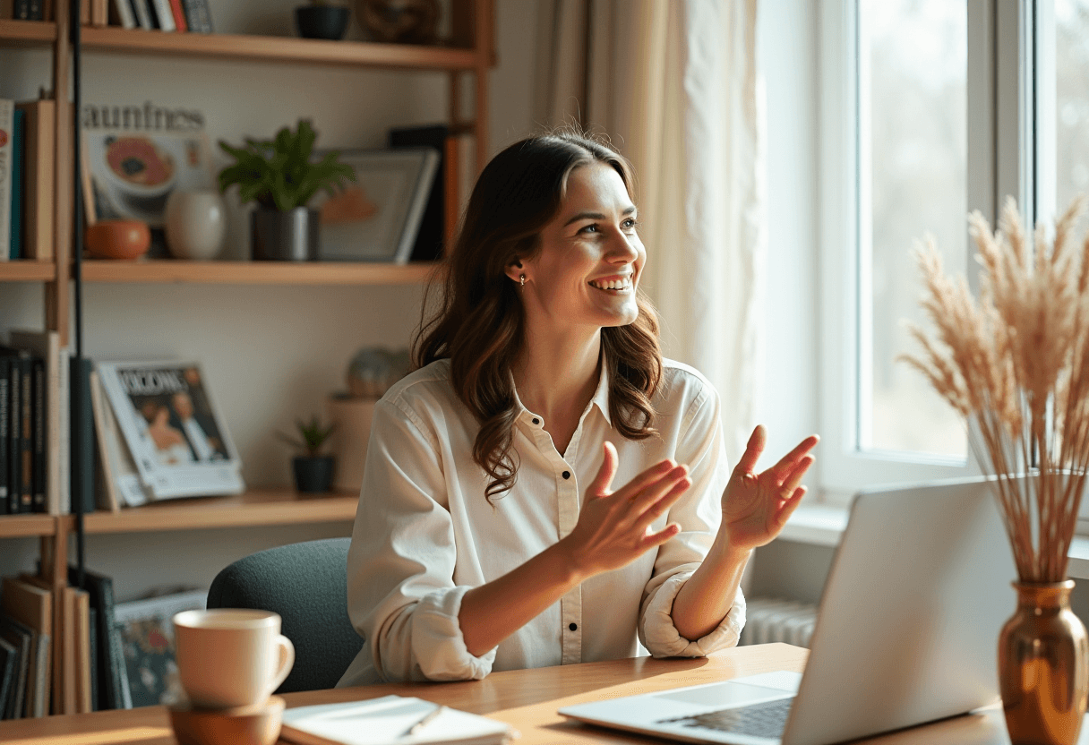 A founder mid-conversation at her desk talking about why PixVenu was built