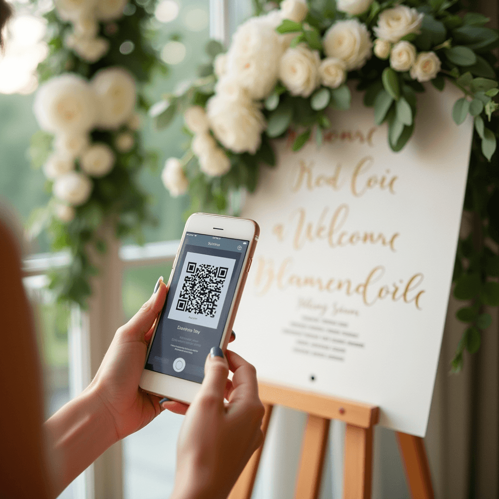 A guest holding a phone up to scan the QR code on a wedding welcome sign decorated with white florals