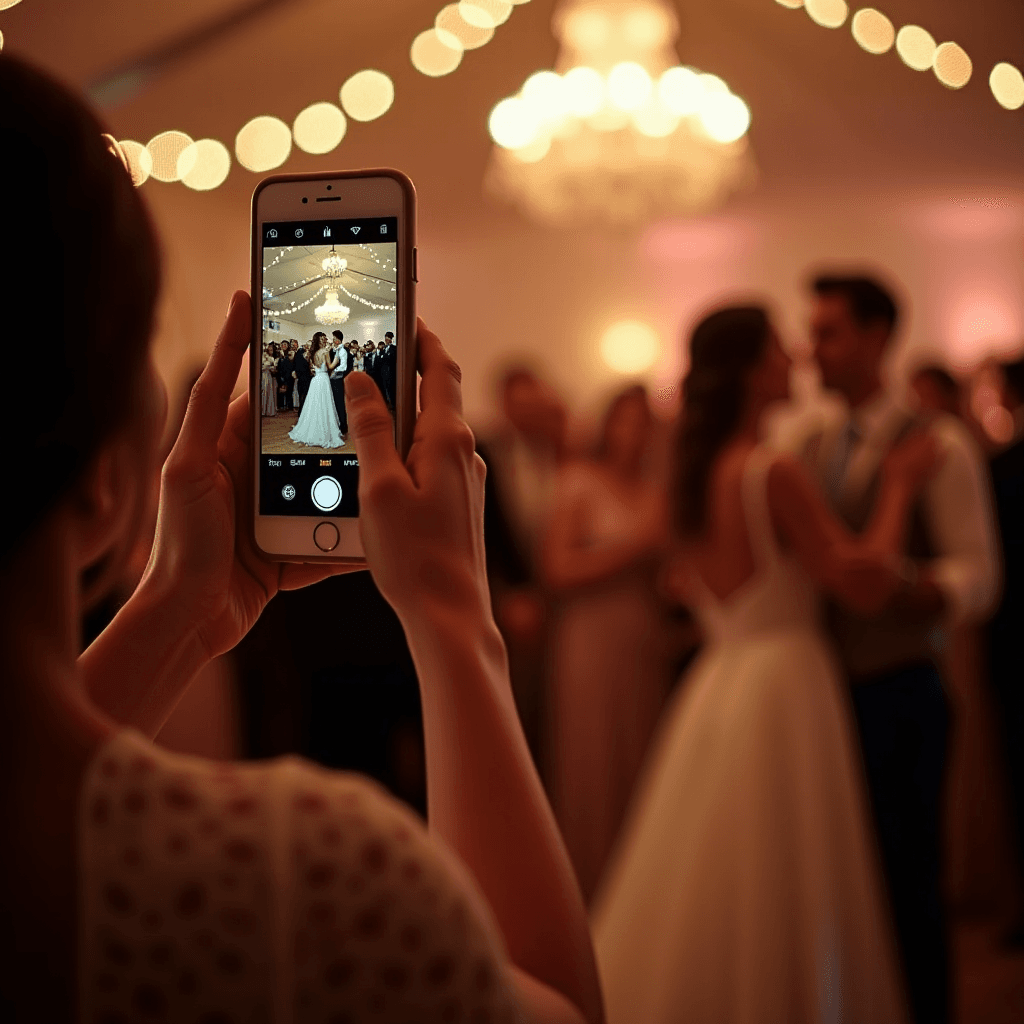 A guest lifting a phone to capture the bride and groom dancing under chandeliers and fairy lights