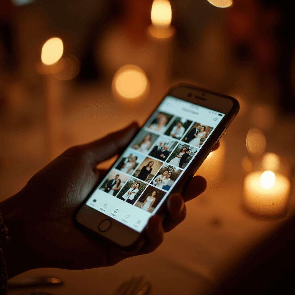 A hand holding a phone showing a grid of wedding photos in the PixVenu gallery, candlelit reception softly out of focus behind