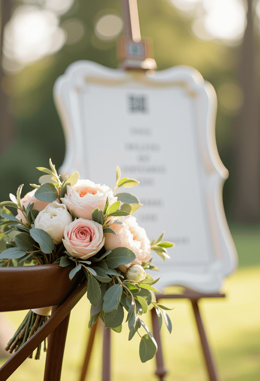A bridal bouquet rests on a chair beside a QR code easel sign at the ceremony aisle
