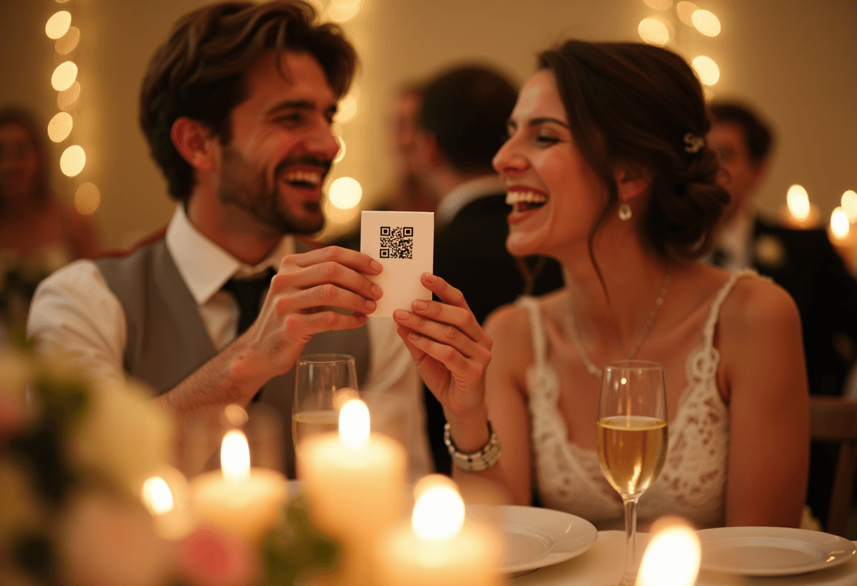 Friends laughing as one scans a QR code on a candlelit reception table