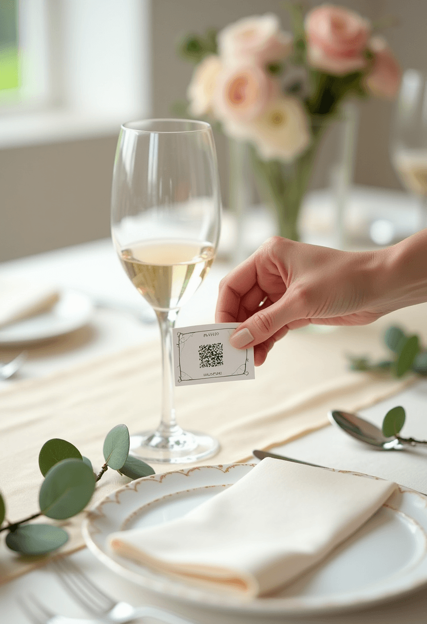 A hand placing a QR code card beside a champagne flute at a wedding place setting