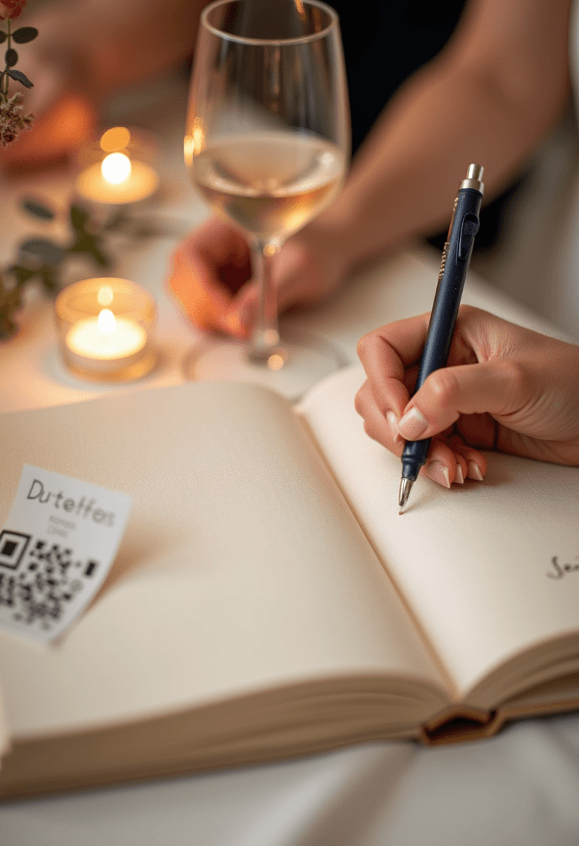 A guest writing in a wedding guestbook with a QR code card beside a champagne flute
