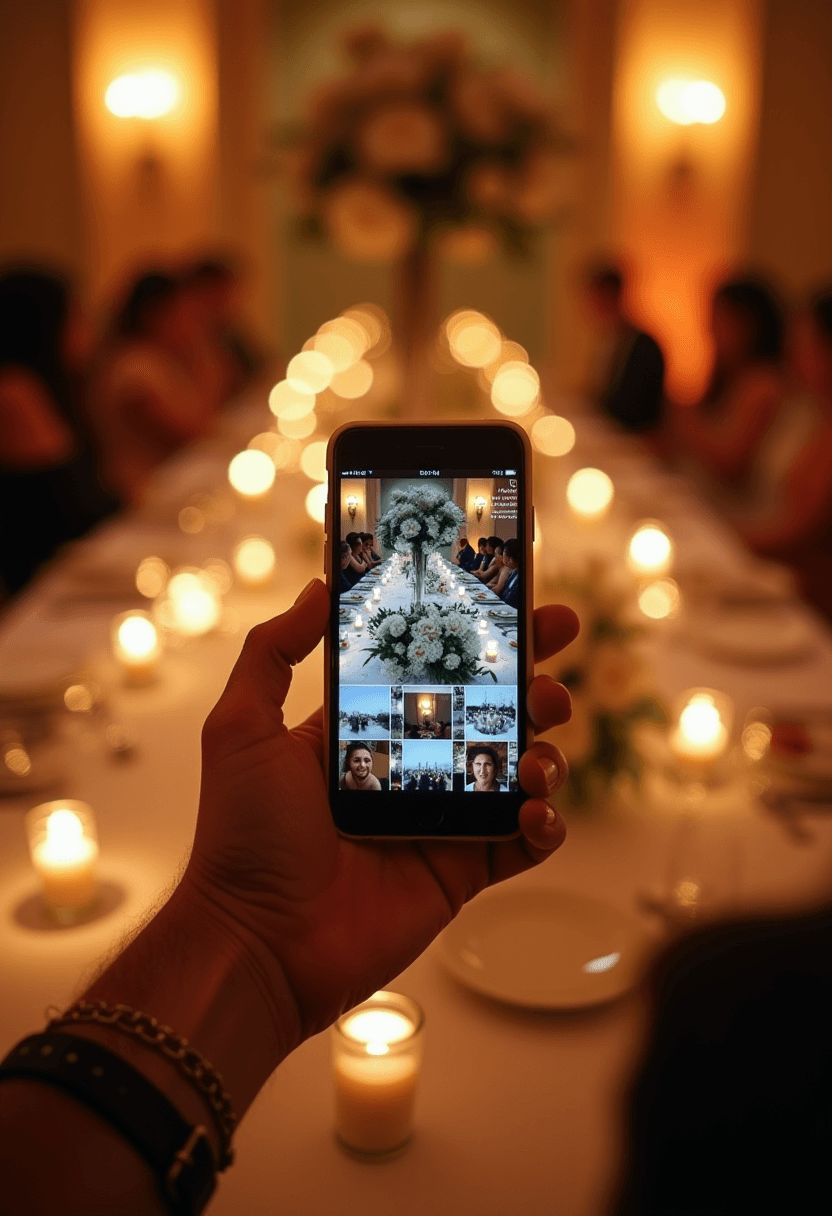 A guest at a candlelit reception holding up a phone showing the live PixVenu gallery