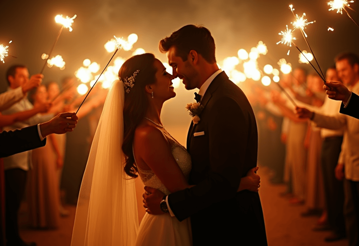 A bride and groom embraced beneath a tunnel of sparklers at their wedding send-off