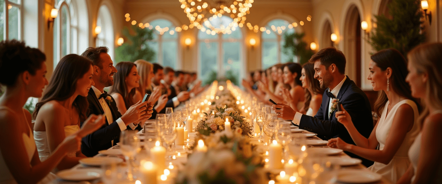 Guests at a long candlelit reception table raising glasses and taking photos with their phones