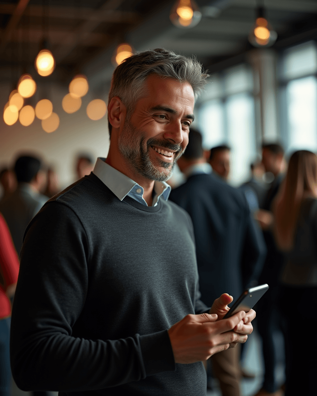 A business event organizer smiling at a corporate event, holding a phone with PixVenu open