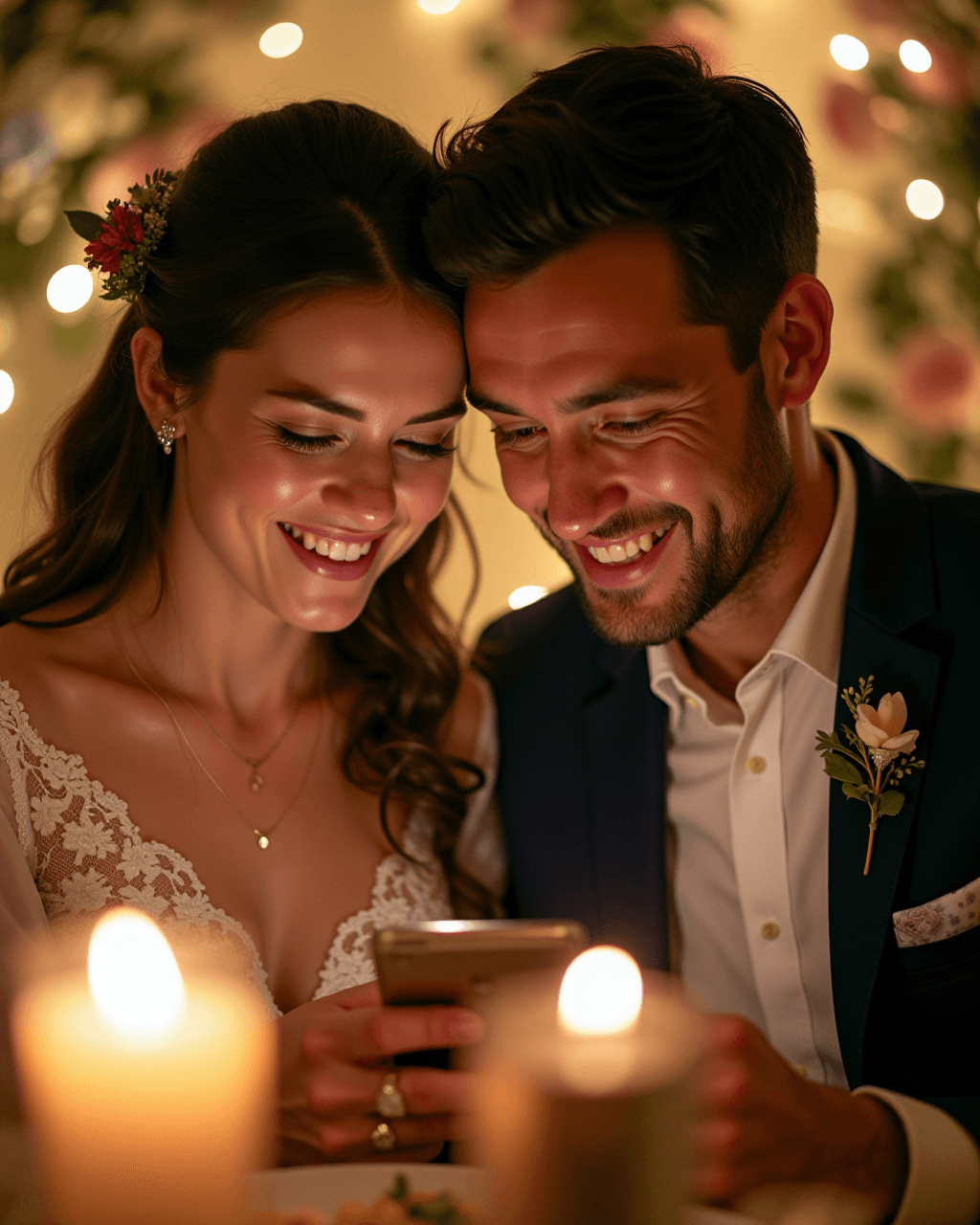 A bride and groom leaning together to look at their PixVenu gallery on a phone