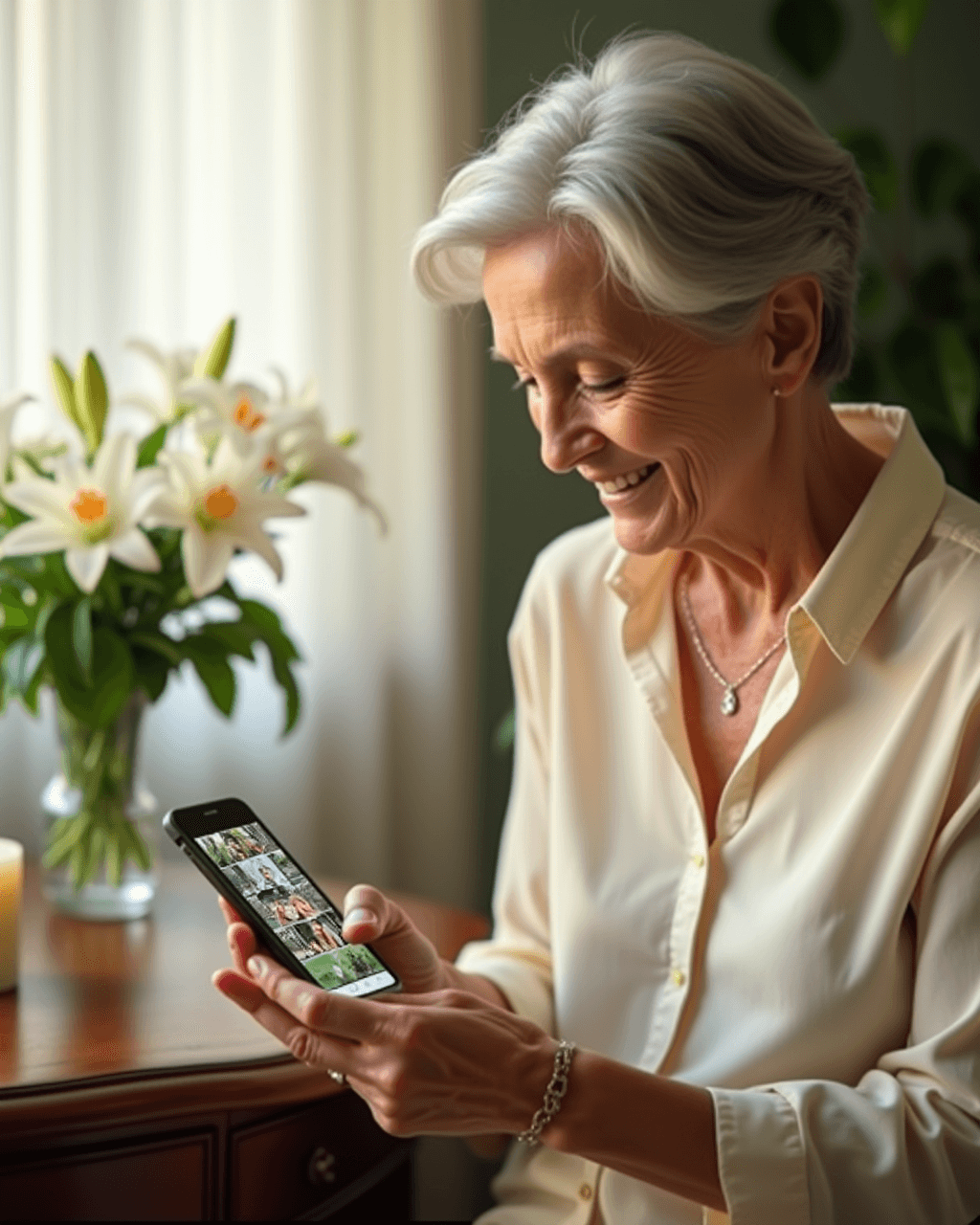 An older woman at a memorial gathering looking at a family photo gallery on her phone, lilies and candlelight beside her