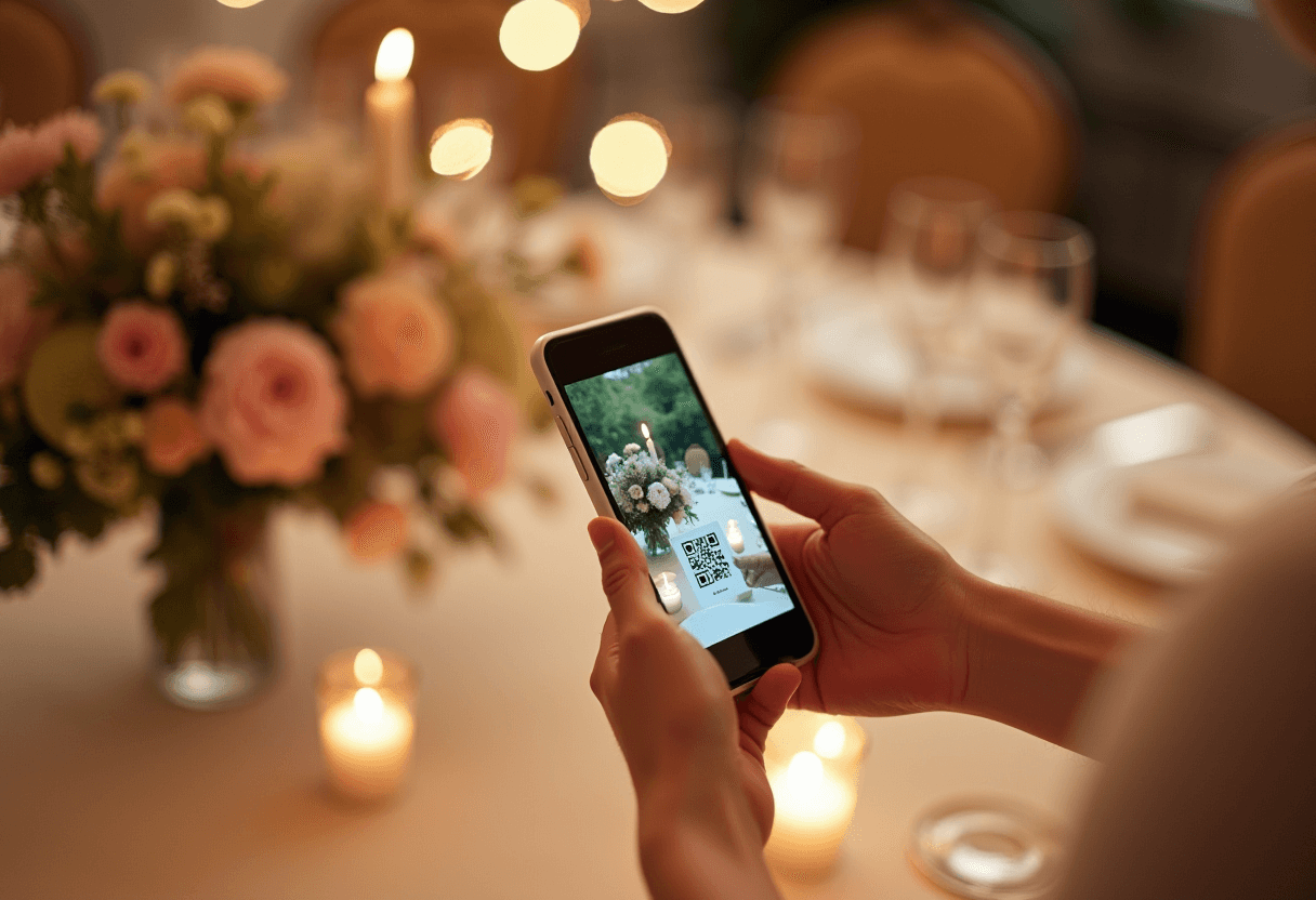 A guest scanning a QR code on a candlelit wedding reception table