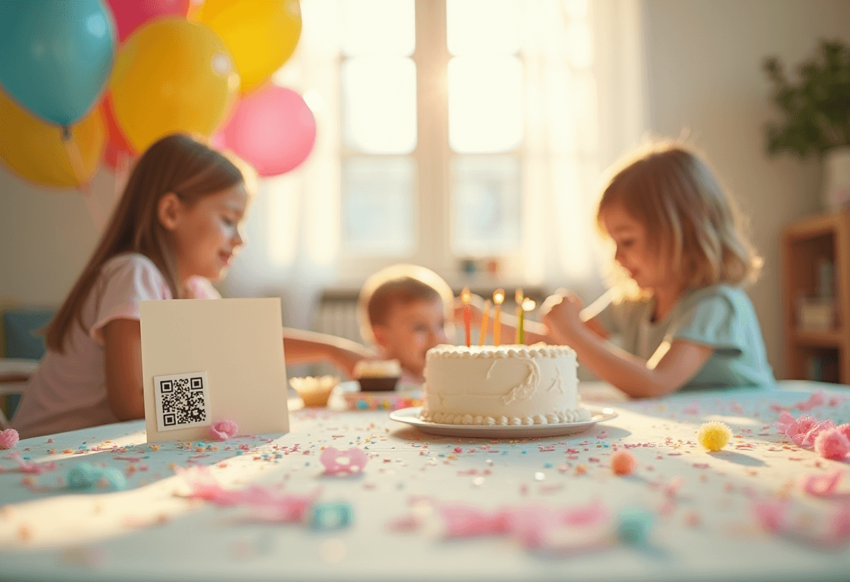 Two children at a sunlit birthday table with a frosted candle-topped cake, a small QR code card propped beside it, pastel balloons and confetti around them