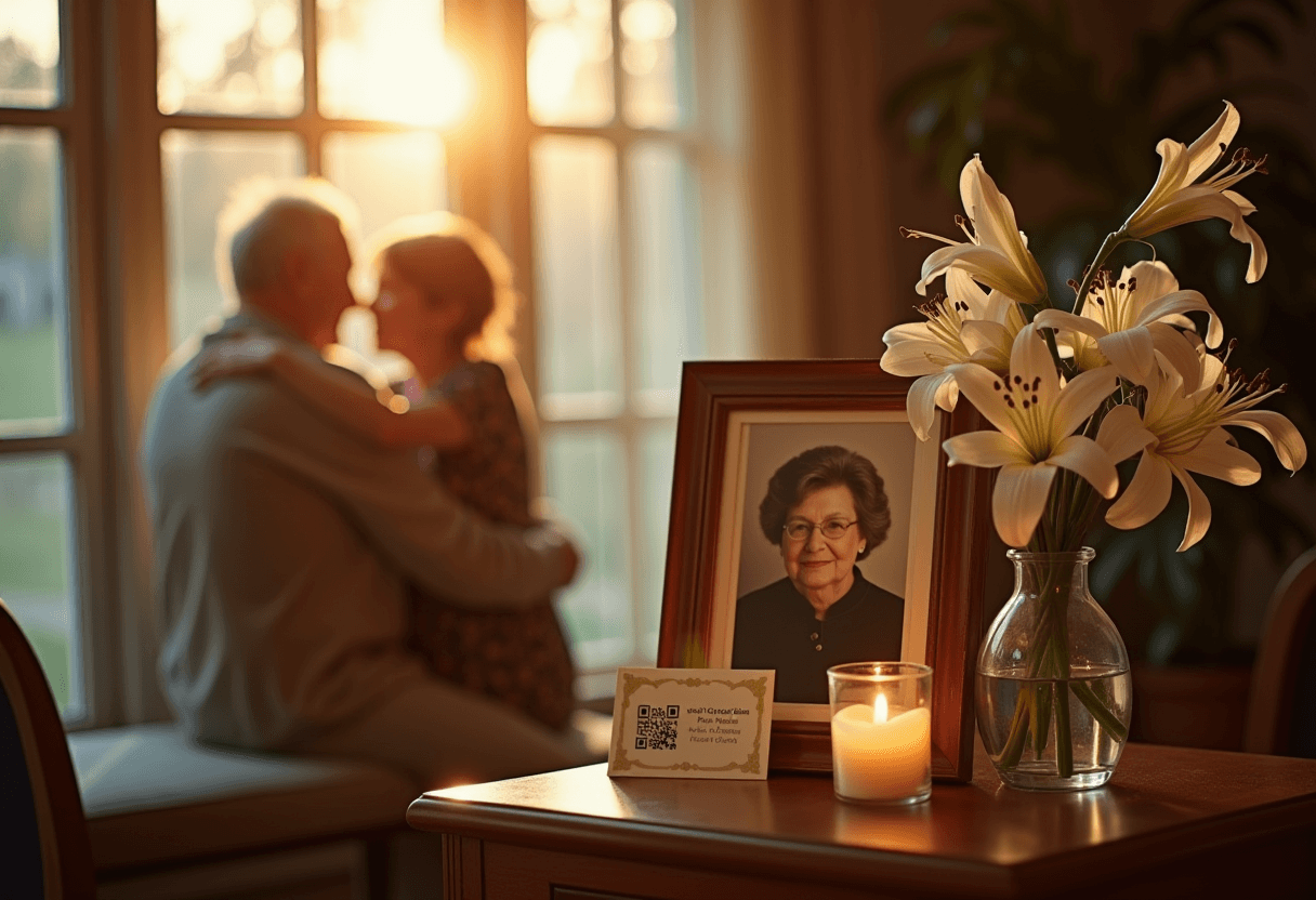 A framed black-and-white portrait of an elderly woman on a wooden side table beside white lilies, a lit candle, and a small QR code card, with family embracing softly in the background lit by golden window light