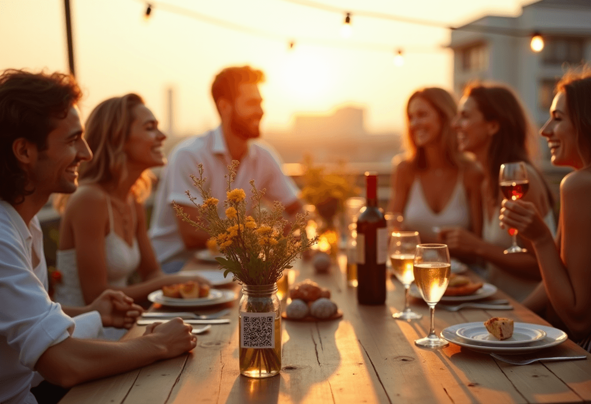 Six friends gathered around a long wooden table at golden hour on a rooftop terrace, mismatched wine glasses and an open bottle, a small QR code sign clipped to a glass jar of wildflowers in the foreground, string lights overhead